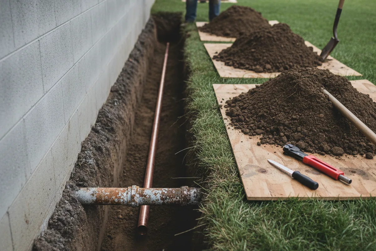 Excavated water line trench during Water Heater Repair in Albertson